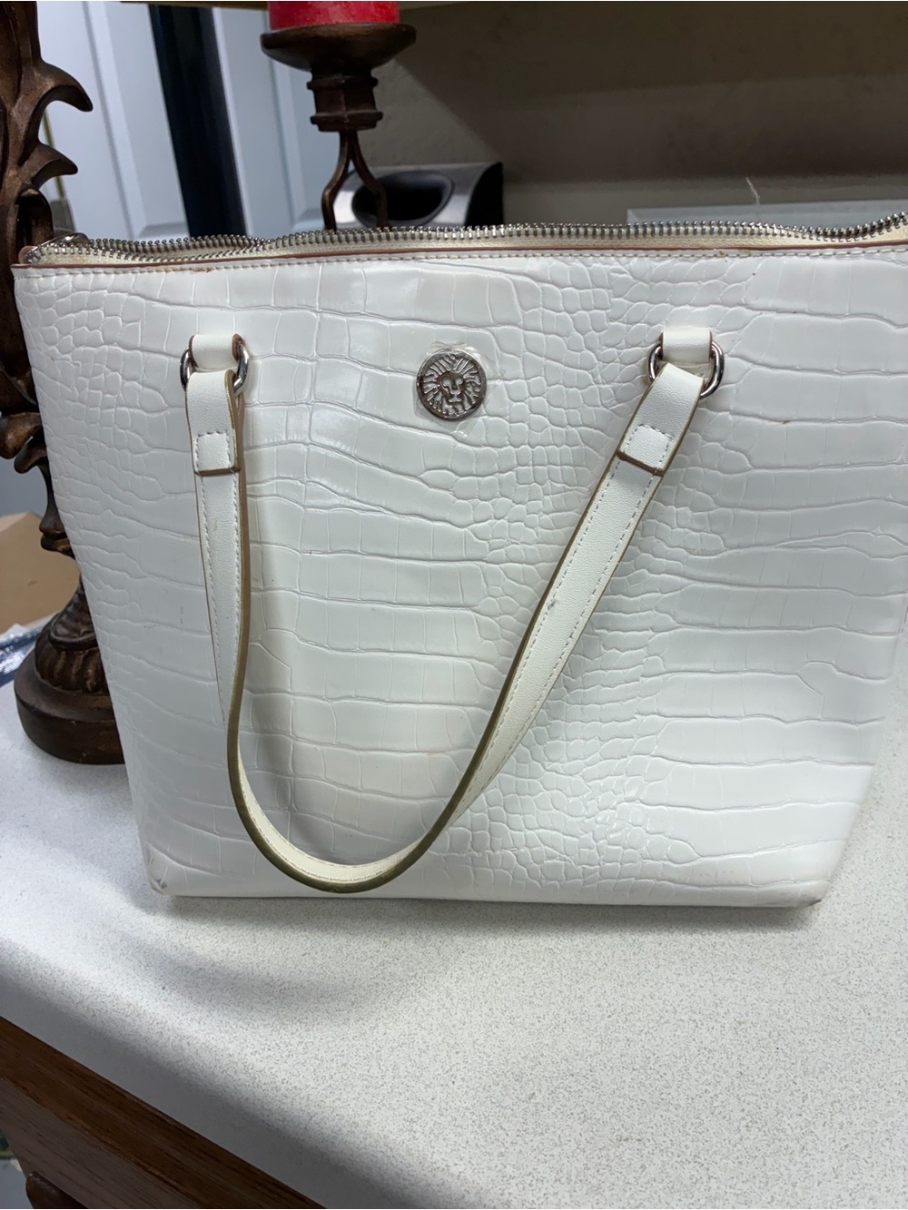 Anne Klein White Croc-Embossed Satchel with Zip Top
